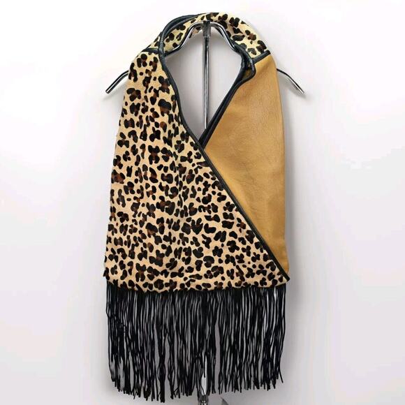 Large Hobo Leopard Print Block‎Fringe Western Hippie Festival Bag Purse